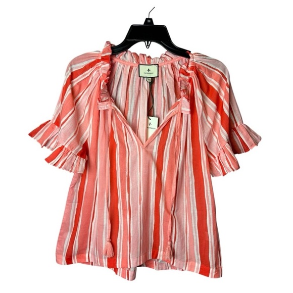 Tuckernuck Cassis Top XS NWT Sunrise Stripes Pink Cotton Ruffle Sleeve Boho - Picture 5 of 8